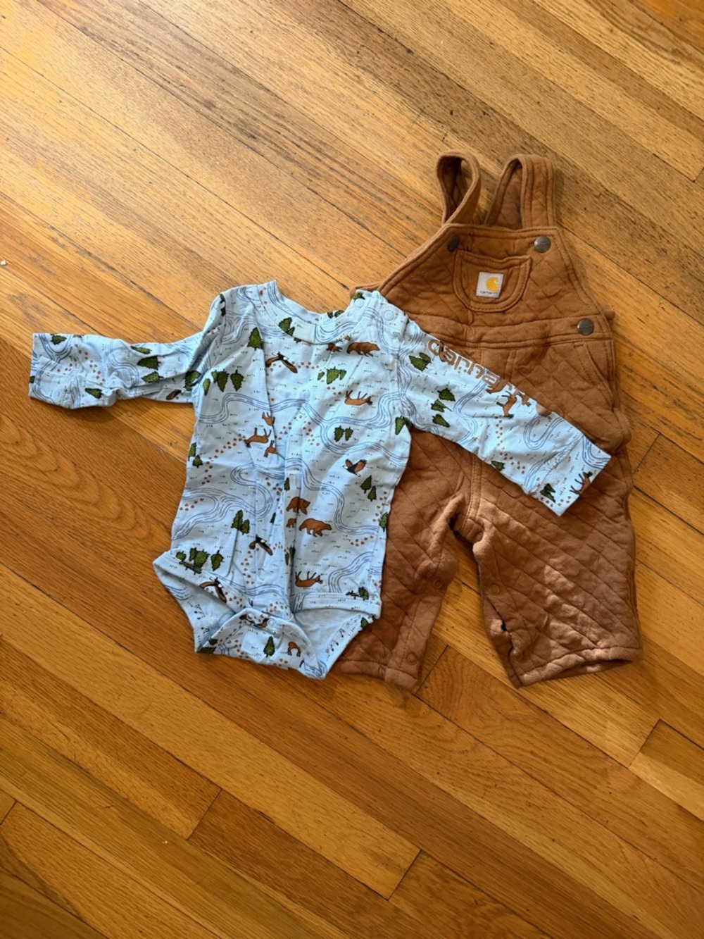 Carhartt Brown Quilted Overalls with Light Blue Woodland Bodysuit